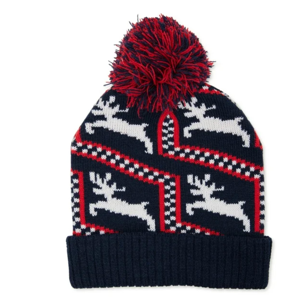 Holiday Time Women’s Intarsia Knit Holiday Beanie Dark Navy Pom pom Reindeer Hat